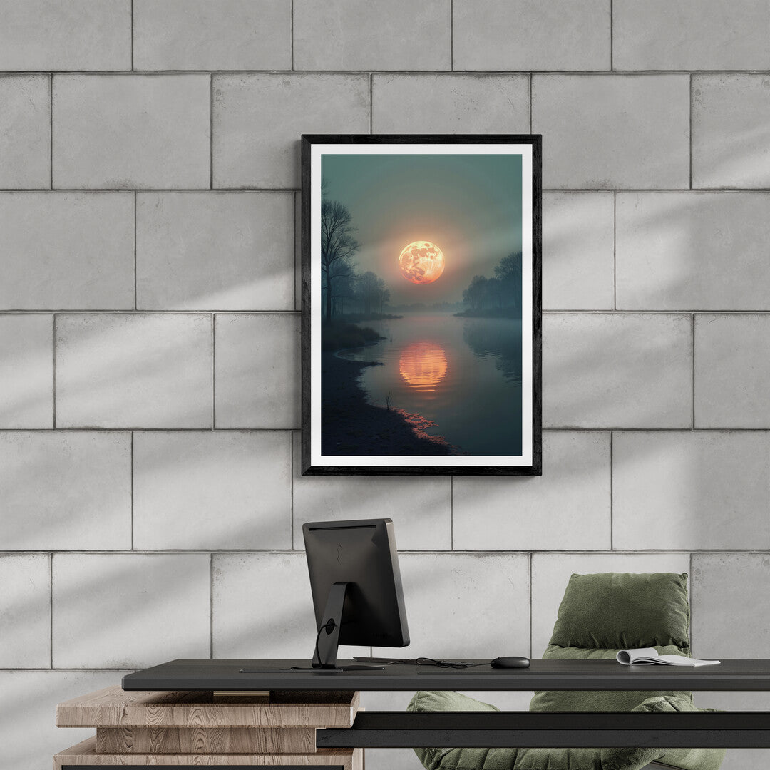 Stunning red moon reflected in a misty lake, a perfect centerpiece for premium wall art and home decor enthusiasts.