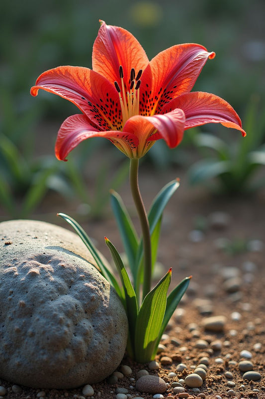 Close-up of a vibrant red lily blooming beside a weathered stone, perfect for premium art prints and elegant home decor wall art