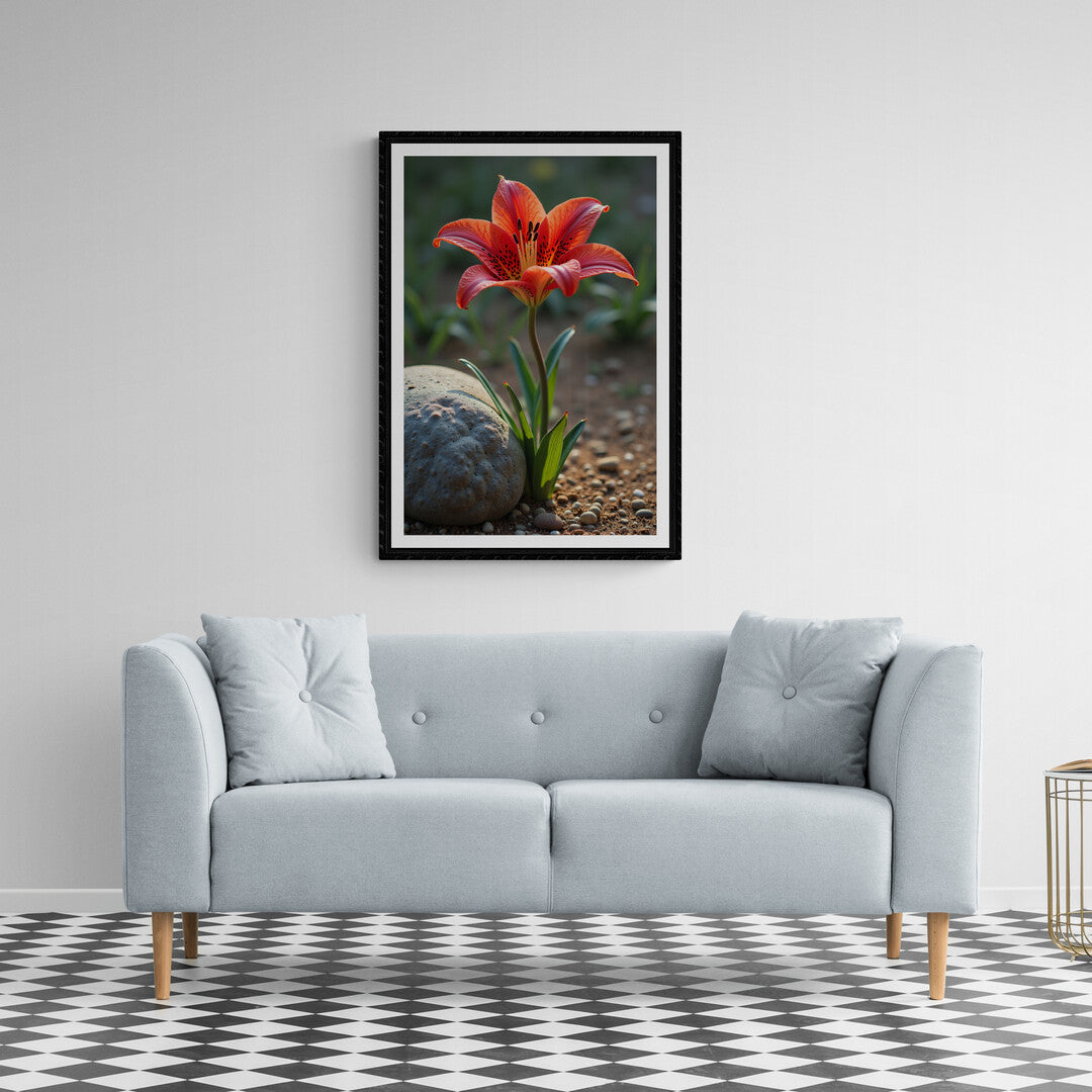 Striking red flower paired with a stone, a captivating image for wall art, home decor, and premium posters available to shop online