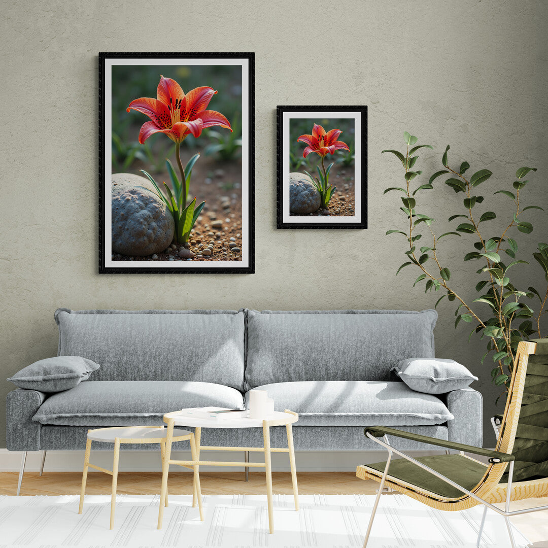 Radiant red lily with detailed petals against a natural earthy background, a beautiful choice for art prints and home decor