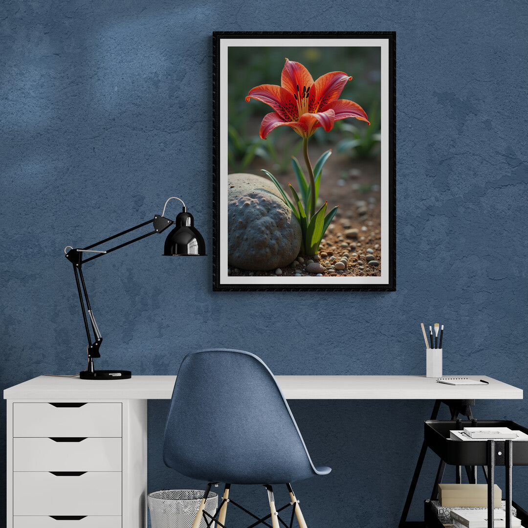 Nature-inspired artwork of a blooming red lily in sunlight, perfect for elegant wall art and premium home decor collections