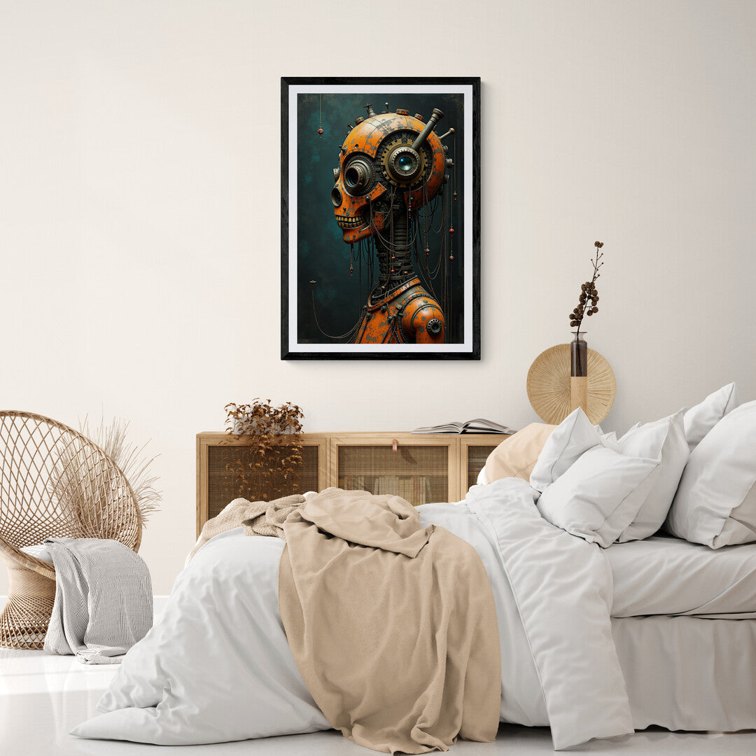 Premium wall art of a retro-futuristic cyborg with gears and industrial detailing