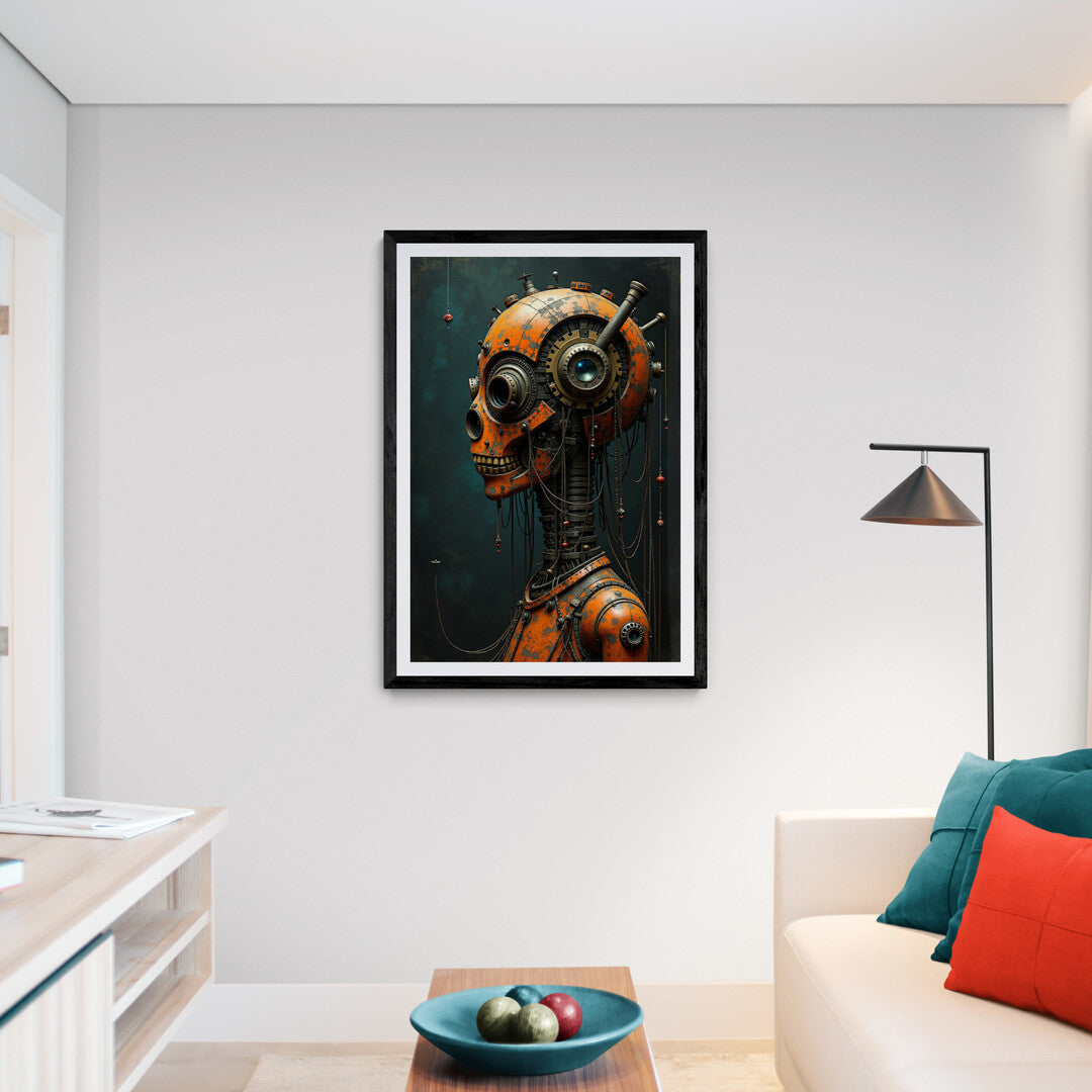 Orange and metallic robot skull poster for unique retro-futuristic wall art