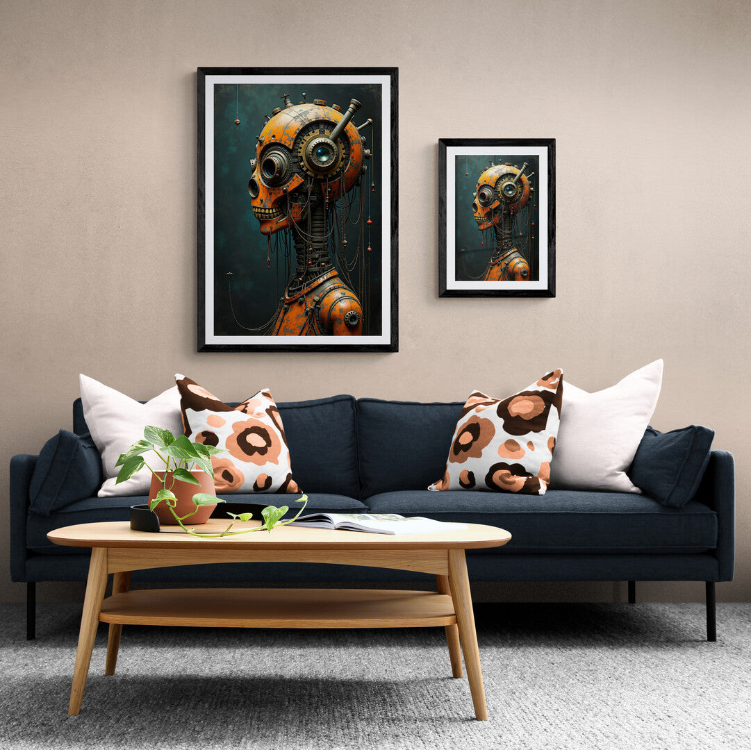 Close-up of steampunk-style cyborg skull poster, ideal for sci-fi home decor