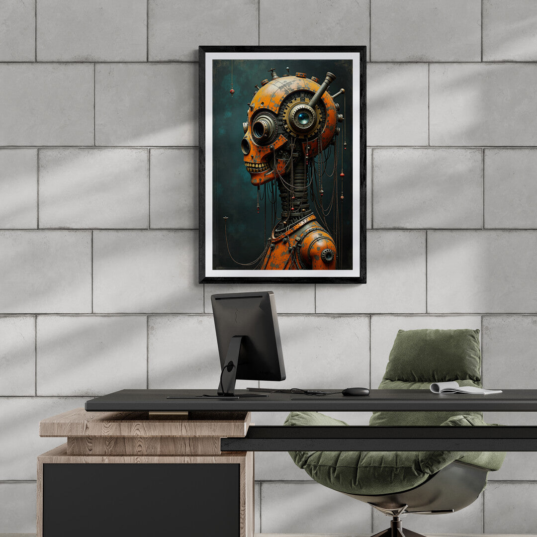 Detailed art print of retro futuristic cyborg with industrial aesthetic for home decor