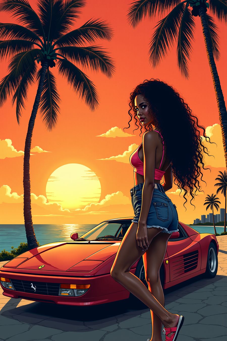 The picture features a retro girl standing confidently beside a sleek, vintage sports car, embodying a nostalgic vibe from the 1960s or 1970s. The girl has a classic, pin-up style with voluminous, wavy hair that falls just past her shoulders. She’s dressed in a bold, polka-dot dress, cinched at the waist, paired with cat-eye sunglasses and bright red lipstick, adding to the iconic retro look.