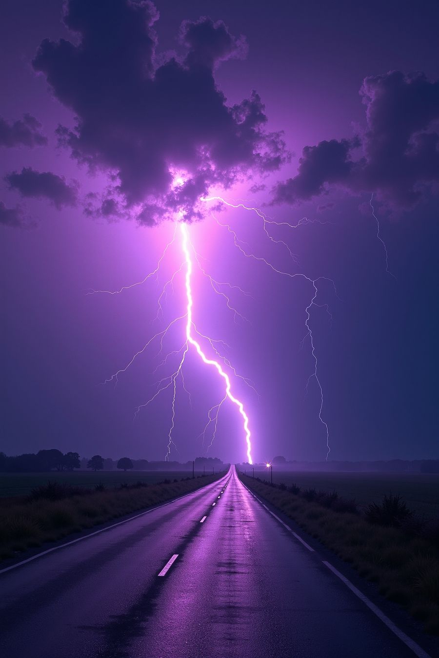 Lightning strike on a country road under a purple sky, perfect for premium wall art and home decor.