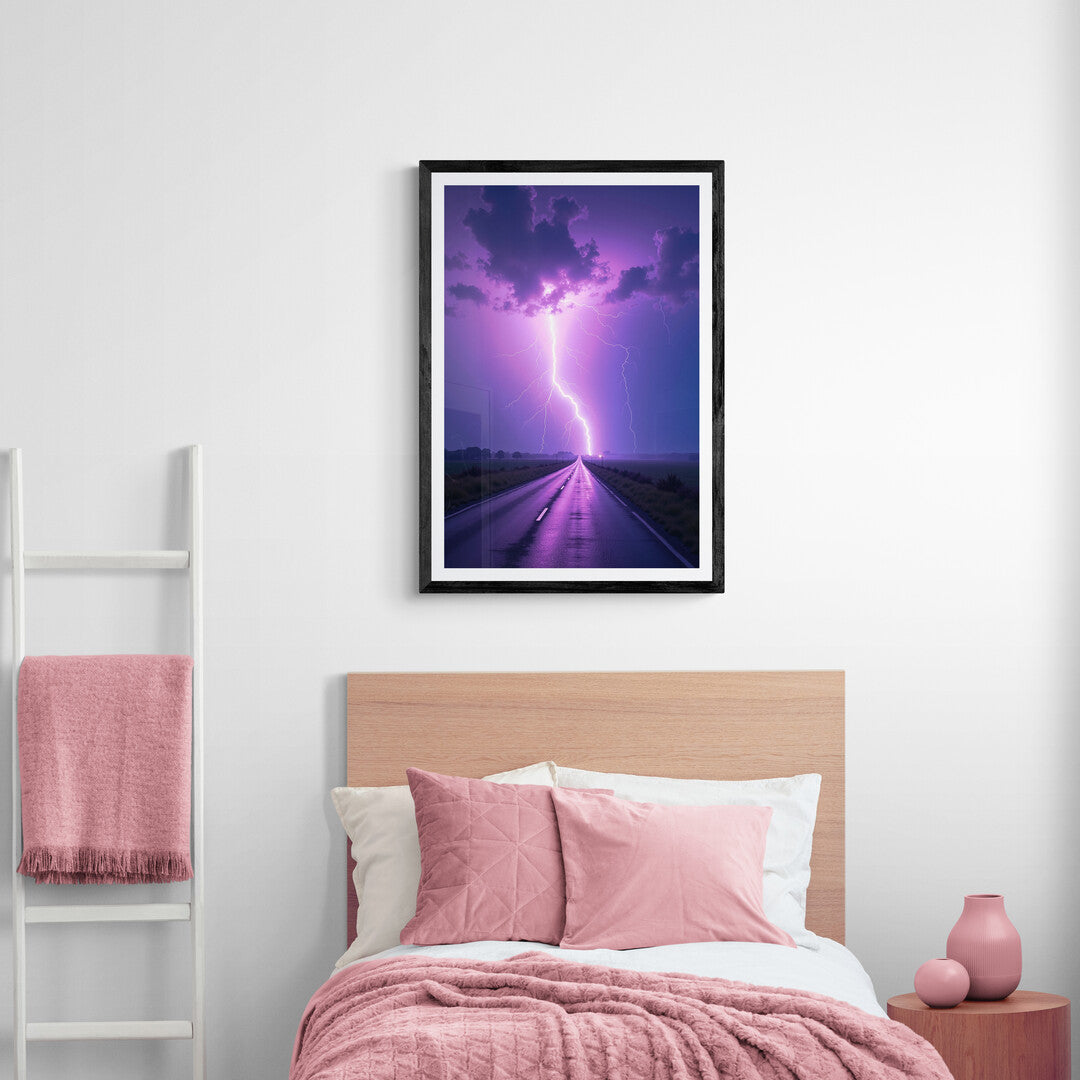 Dramatic lightning bolt illuminating a dark road, ideal for art prints and posters