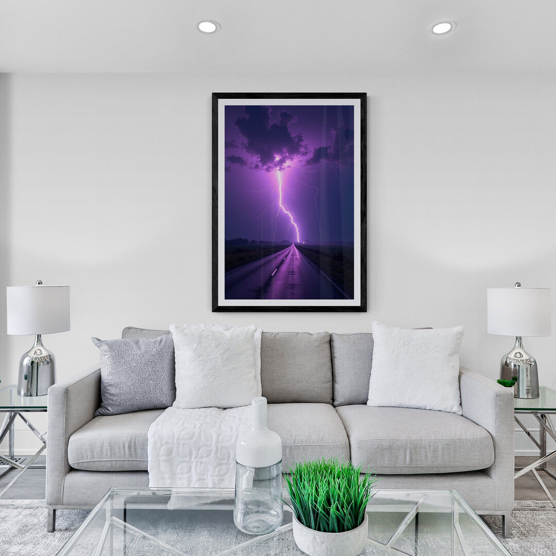 Road leading into a thunderstorm, captured in a stunning scene for art prints and premium posters.