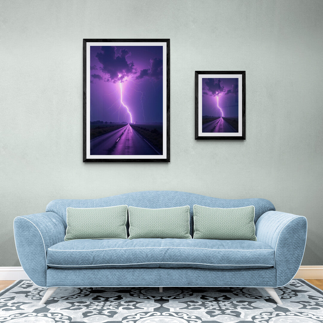 Purple night sky with a vivid lightning strike, available as wall art for home decor.