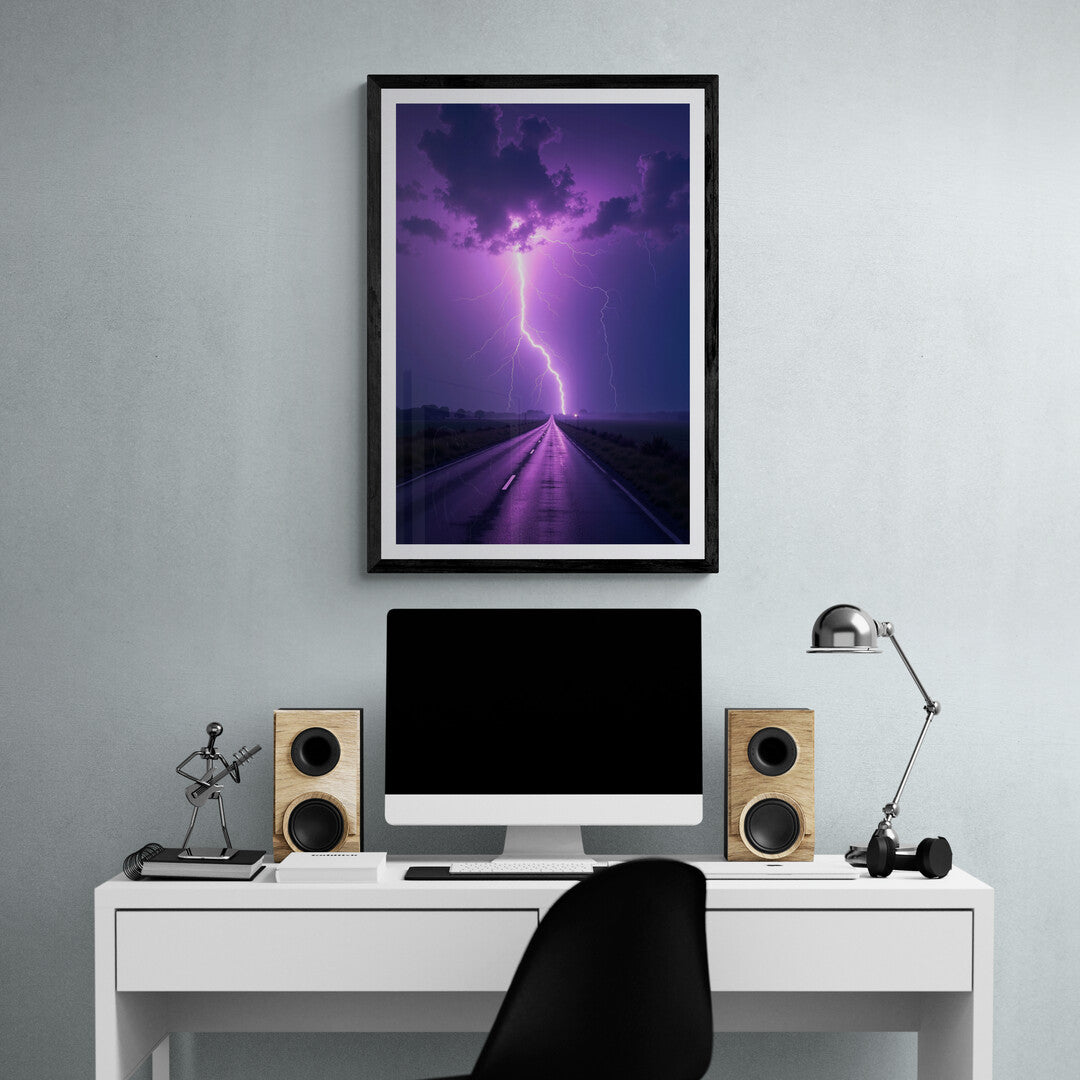 Nature-inspired wall art featuring a lightning storm over a countryside road, perfect for home decor enthusiasts.