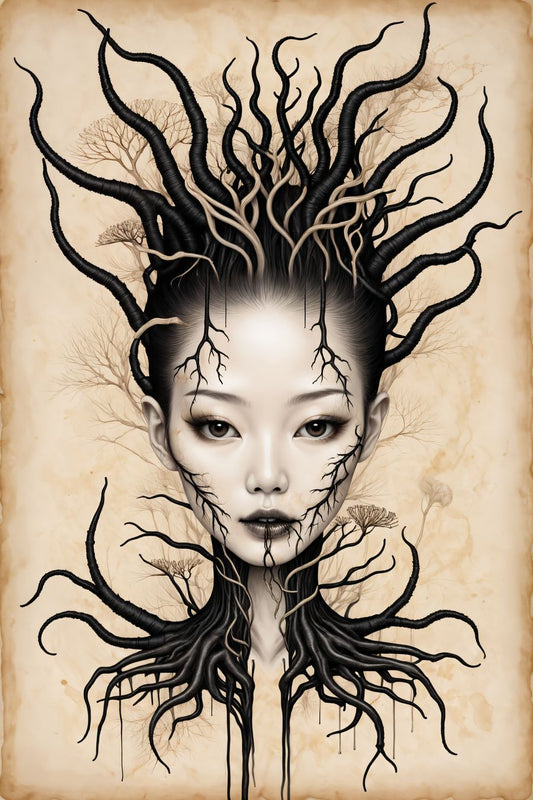 In a hauntingly surreal composition, the picture features a beautiful Asian woman enveloped in intricate roots. The artwork blends elements of fantasy and symbolism, capturing a mesmerizing contrast between the woman's delicate features and the organic, earthy texture of the roots.