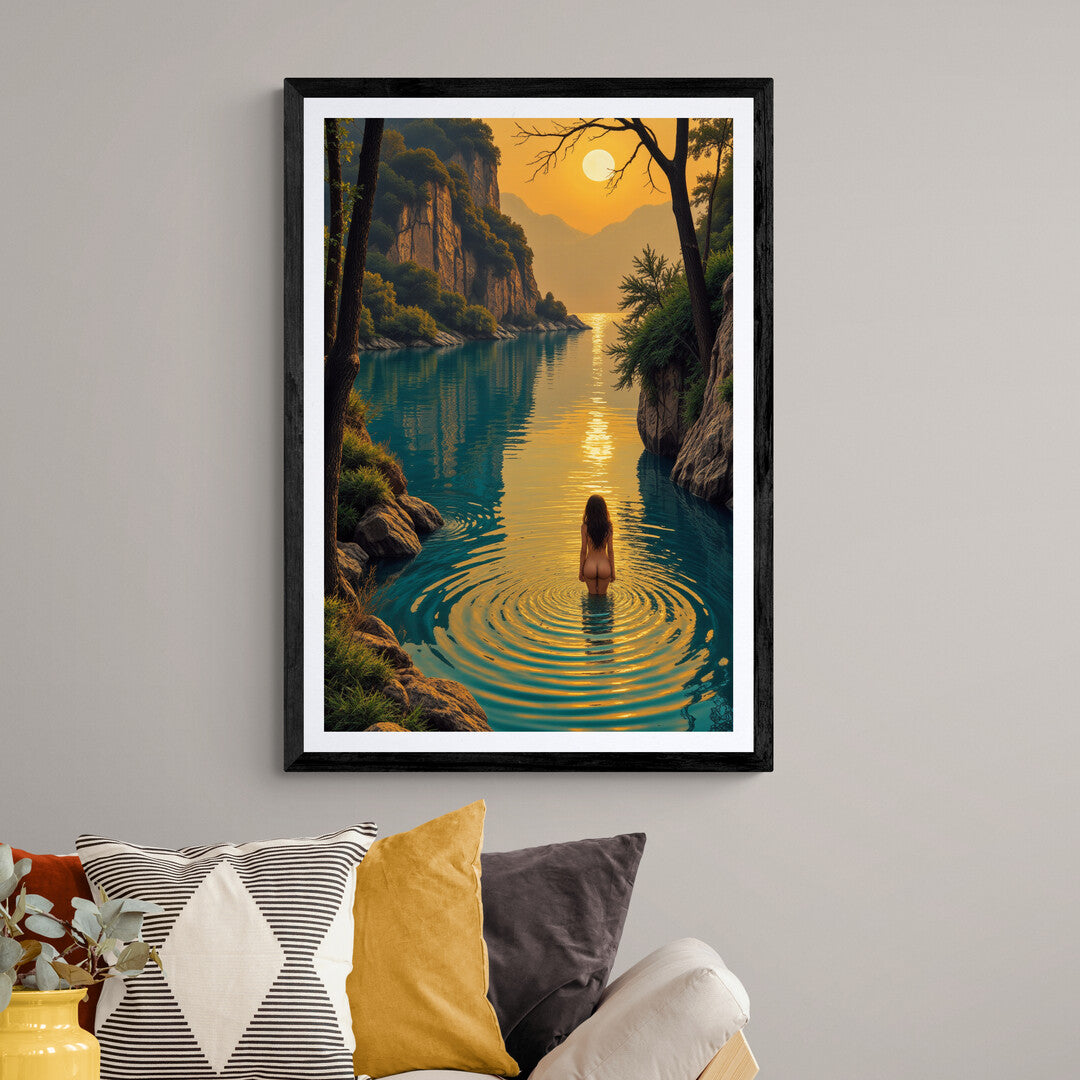 Woman standing in calm waters under a glowing sunset, available as art prints and posters for home decor