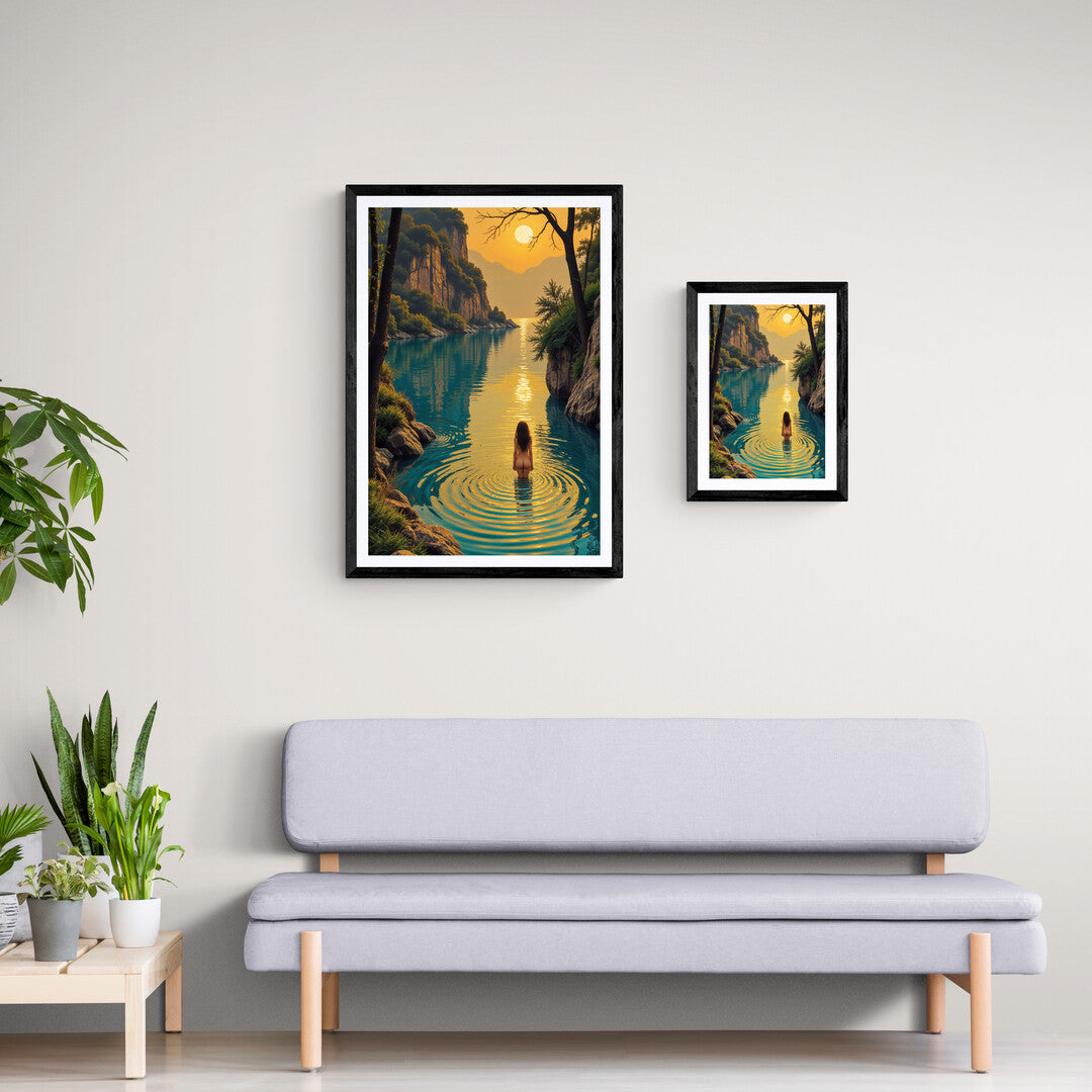 Golden sunset over a peaceful lake, featured in premium wall art and home decor collections