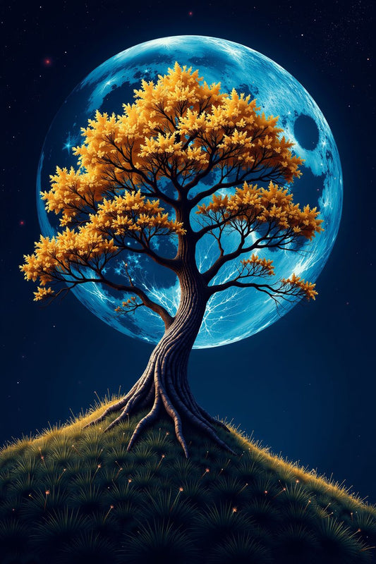 The image depicts a fantastical and surreal night scene, featuring a large tree with golden-yellow leaves standing atop a small grassy hill. The tree has a gnarled, twisted trunk with deep grooves, and its roots spread outward from the base, clinging to the slope of the hill. The branches are wide, spreading out in a graceful, natural pattern, with clusters of vibrant, glowing leaves.