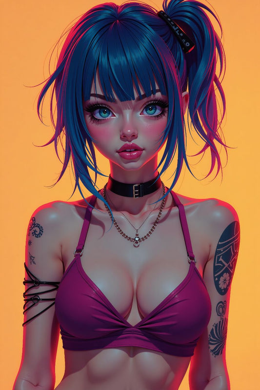 The image portrays a highly stylized and detailed 3D character with anime-like features. She has vibrant blue hair tied up into two high ponytails with a black strap on one side. Her hair has some neon highlights, giving it a glossy and reflective appearance. The character’s eyes are large and expressive, a hallmark of anime-style art, with deep blue irises and a soft glow that enhances their intensity. Her facial features include full, glossy lips in a soft pink shade, and she has a delicate and youthful l