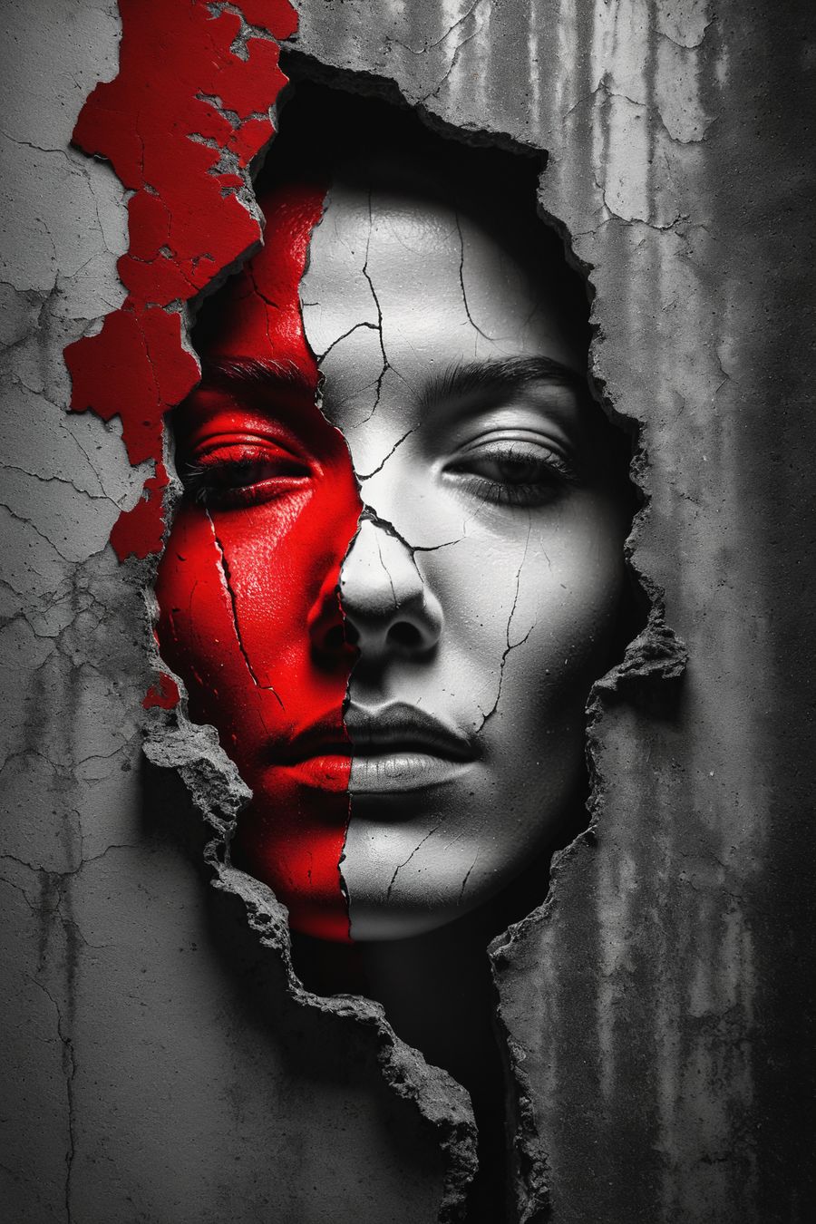 Shattered Silence art print featuring a face emerging from a cracked wall with bold red and grayscale tones