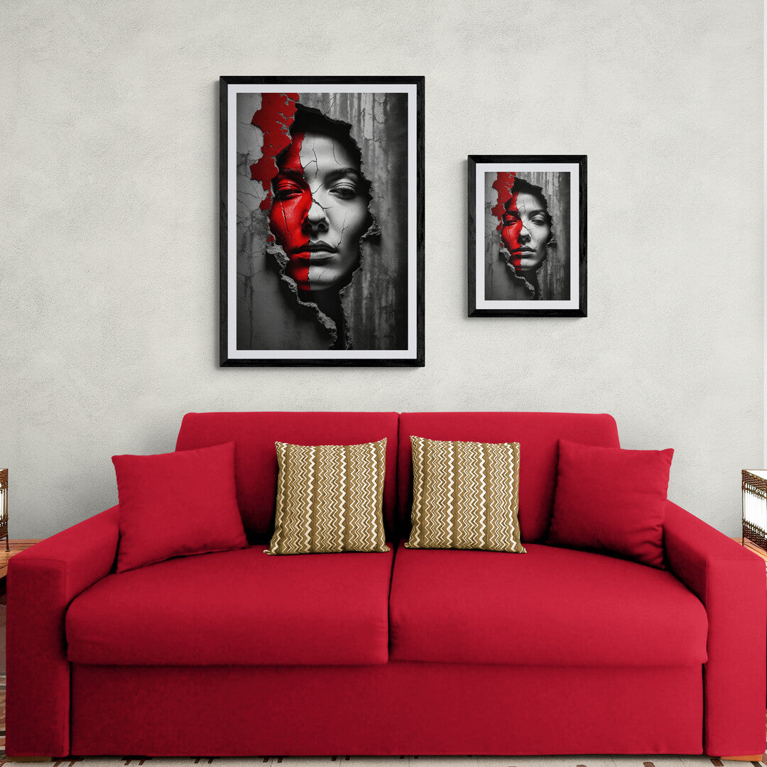 Unique Wall Art showcasing a fragmented face design in striking red and black tones