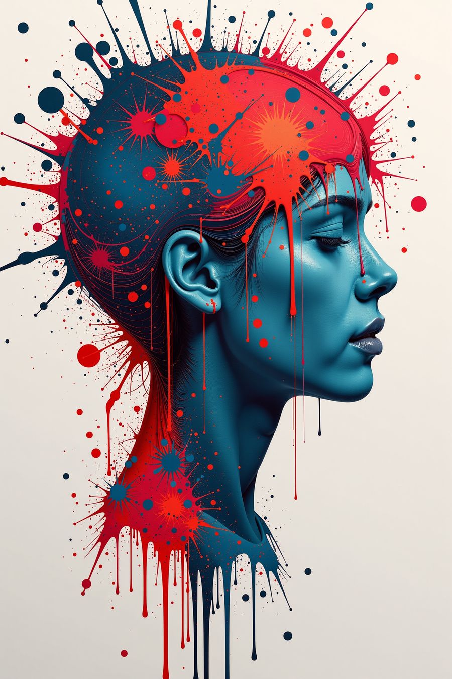 The image portrays a side profile of a human head, facing left. The head is depicted in a minimalist style, with clean lines and a neutral color palette for the face. From the top and back of the head, there is a dramatic burst of colors, primarily vibrant reds and blues, which appear to be splattered or exploding outward. This explosion of colors gives the impression of dynamic energy or intense emotions emanating from the mind.