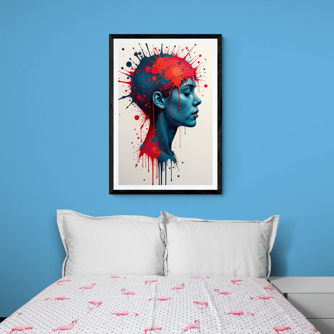 The image portrays a side profile of a human head, facing left. The head is depicted in a minimalist style, with clean lines and a neutral color palette for the face. From the top and back of the head, there is a dramatic burst of colors, primarily vibrant reds and blues, which appear to be splattered or exploding outward. This explosion of colors gives the impression of dynamic energy or intense emotions emanating from the mind.