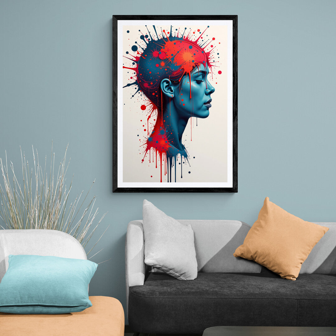 The image portrays a side profile of a human head, facing left. The head is depicted in a minimalist style, with clean lines and a neutral color palette for the face. From the top and back of the head, there is a dramatic burst of colors, primarily vibrant reds and blues, which appear to be splattered or exploding outward. This explosion of colors gives the impression of dynamic energy or intense emotions emanating from the mind.