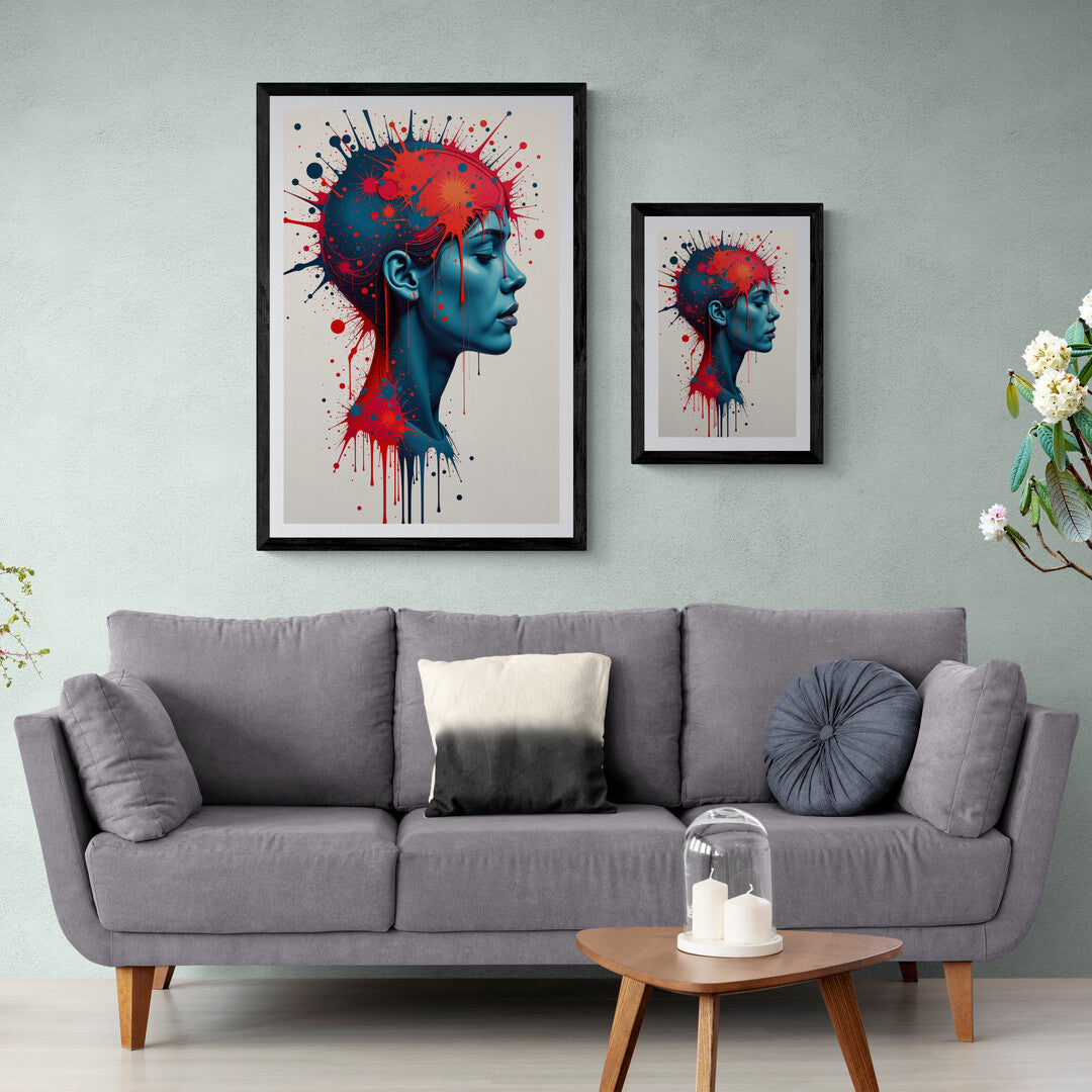 The image portrays a side profile of a human head, facing left. The head is depicted in a minimalist style, with clean lines and a neutral color palette for the face. From the top and back of the head, there is a dramatic burst of colors, primarily vibrant reds and blues, which appear to be splattered or exploding outward. This explosion of colors gives the impression of dynamic energy or intense emotions emanating from the mind.