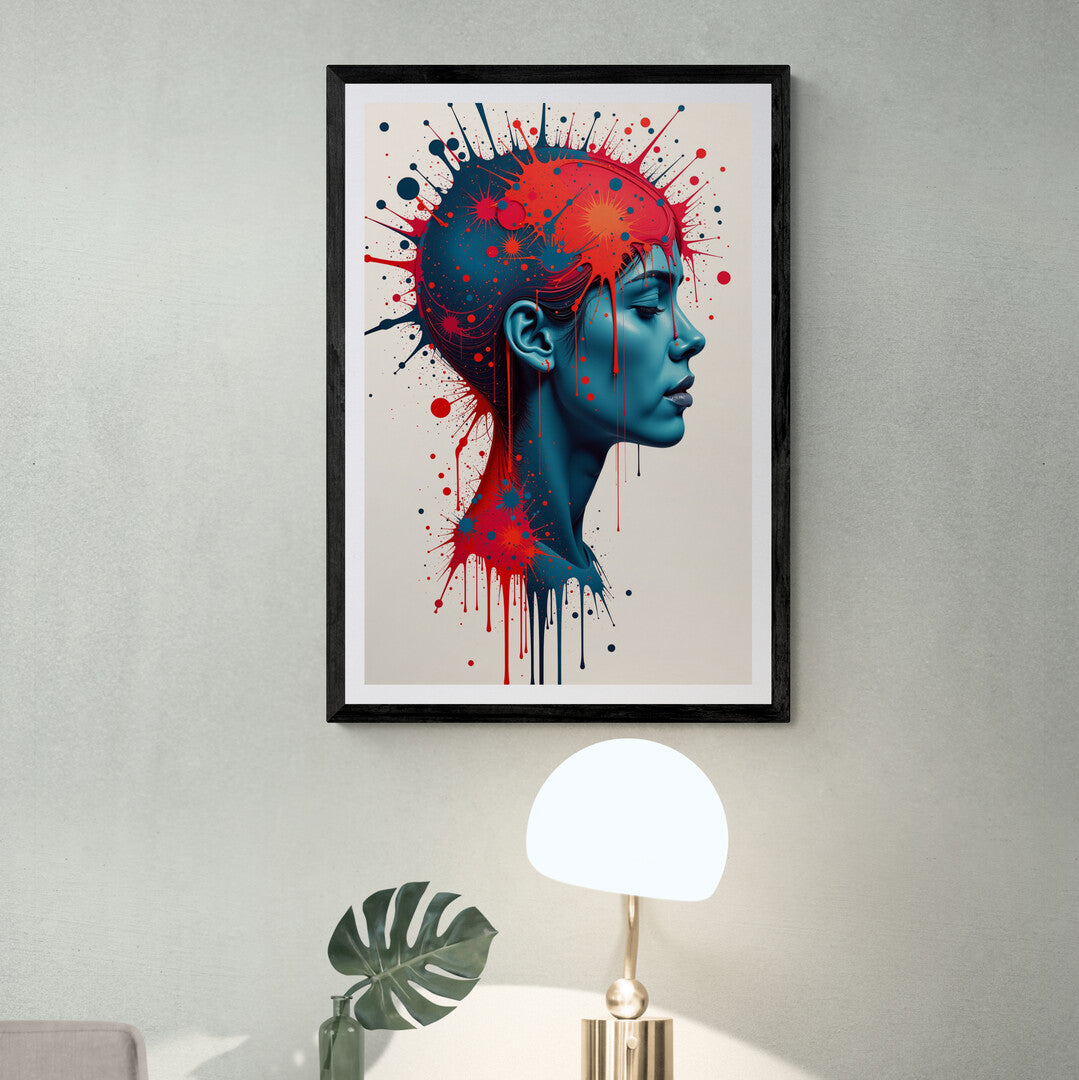 The image portrays a side profile of a human head, facing left. The head is depicted in a minimalist style, with clean lines and a neutral color palette for the face. From the top and back of the head, there is a dramatic burst of colors, primarily vibrant reds and blues, which appear to be splattered or exploding outward. This explosion of colors gives the impression of dynamic energy or intense emotions emanating from the mind.