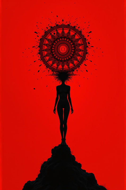 Bold silhouette of a figure with a radiant mandala on a vibrant red background, perfect for modern wall art and premium art prints