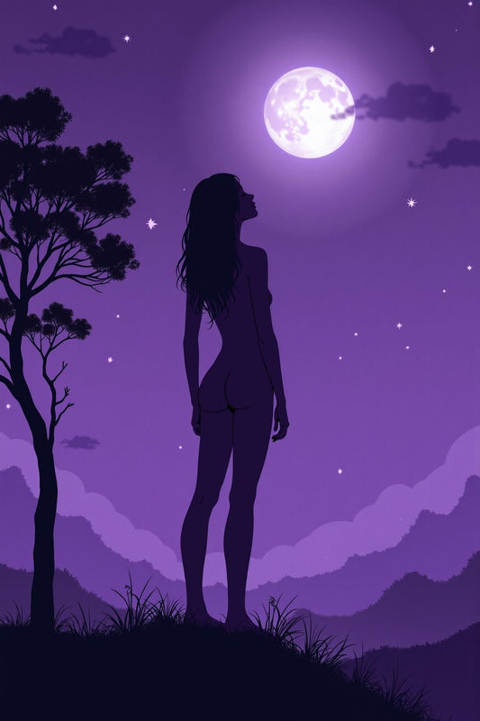 1.	Silhouette of a woman under a glowing full moon in purple hues, perfect for premium art prints and Wall Art for Home Decor.