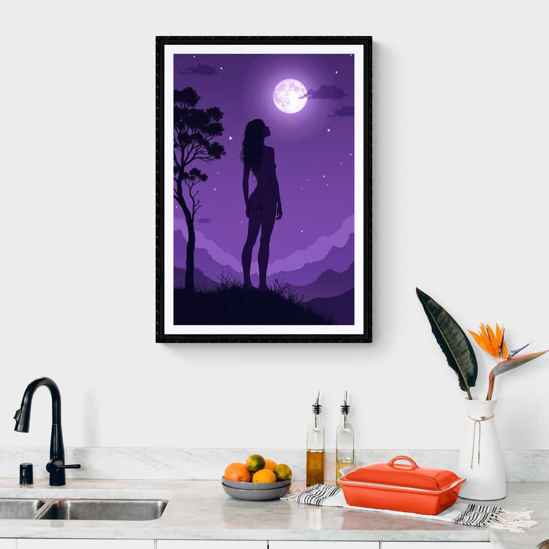 4.	Peaceful nighttime illustration in purples, perfect for shop online premium posters and unique Home Decor.