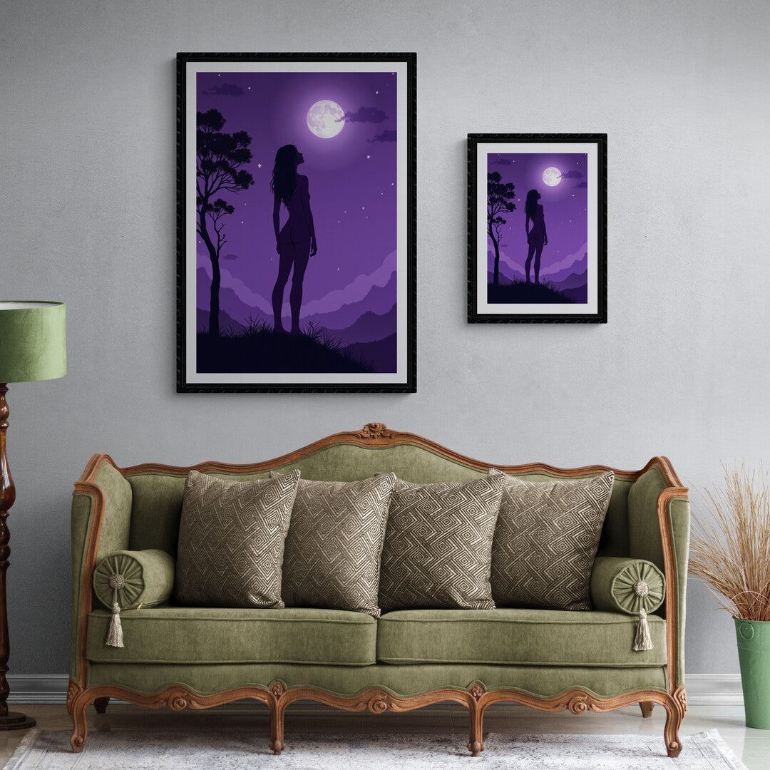 3.	Elegant Wall Art of a woman’s silhouette beneath the moonlight, designed for premium art prints and calming interiors.