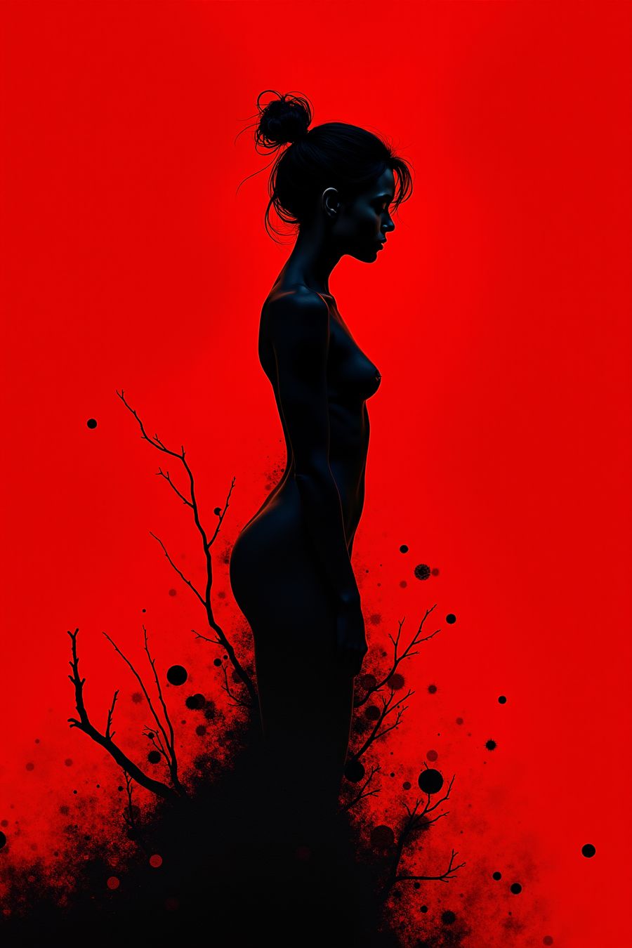 Silhouette of Shadows art print featuring a black figure against a vivid red background with shadowy branches, perfect for wall art and home decor