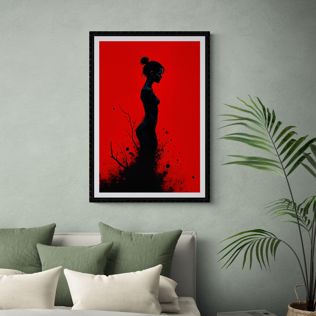 Premium poster of a female silhouette surrounded by abstract branches on a crimson backdrop, ideal for modern interiors and home decoration