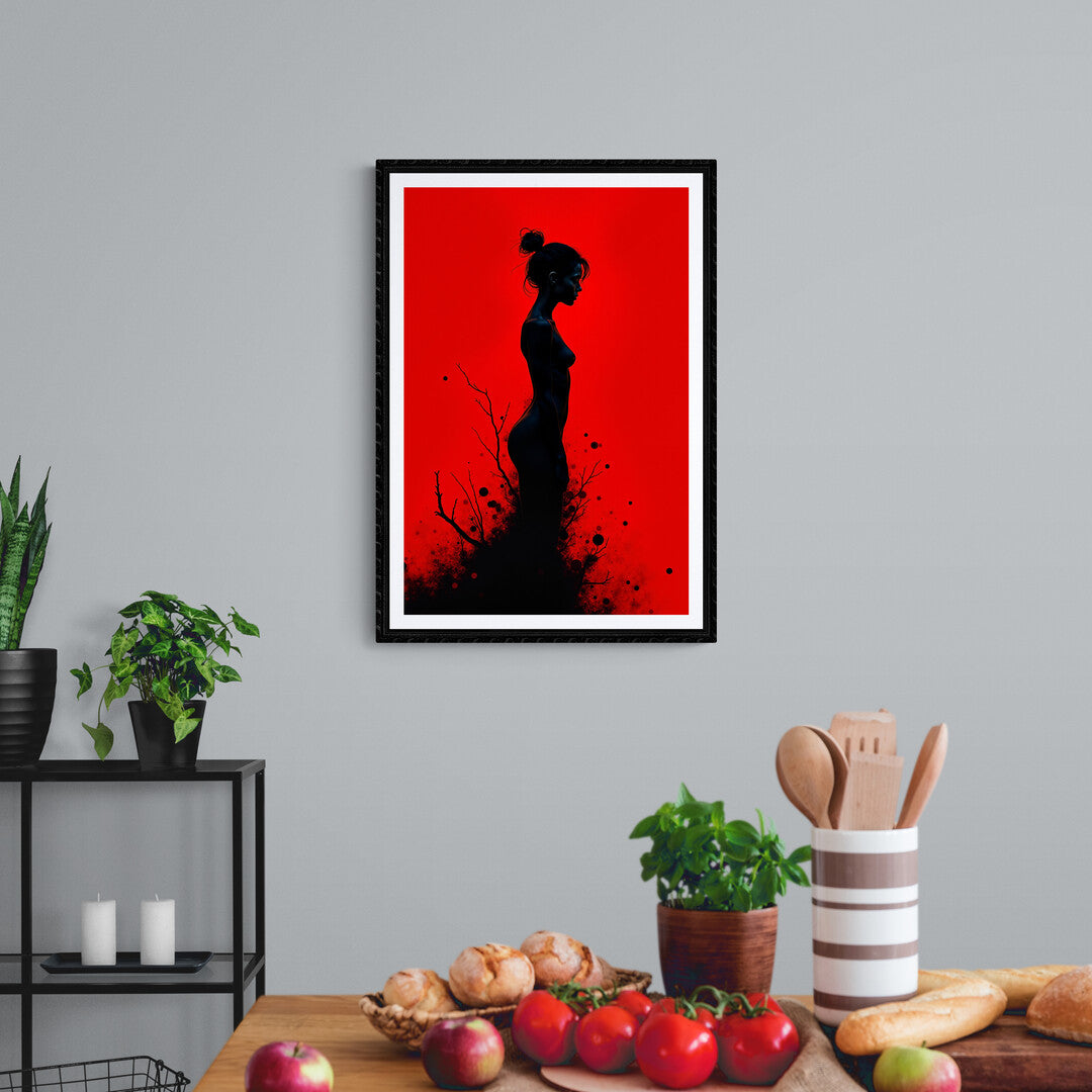 Shop online for Silhouette of Shadows, a captivating wall art piece with a striking female figure and crimson-red background