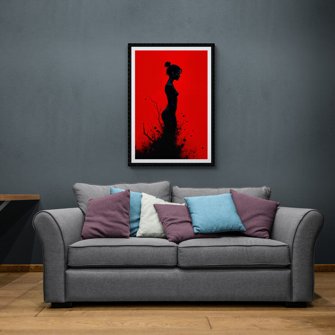 Elevate your home decor with this premium art print featuring a silhouette design, shadowy branches, and a vibrant red canvas