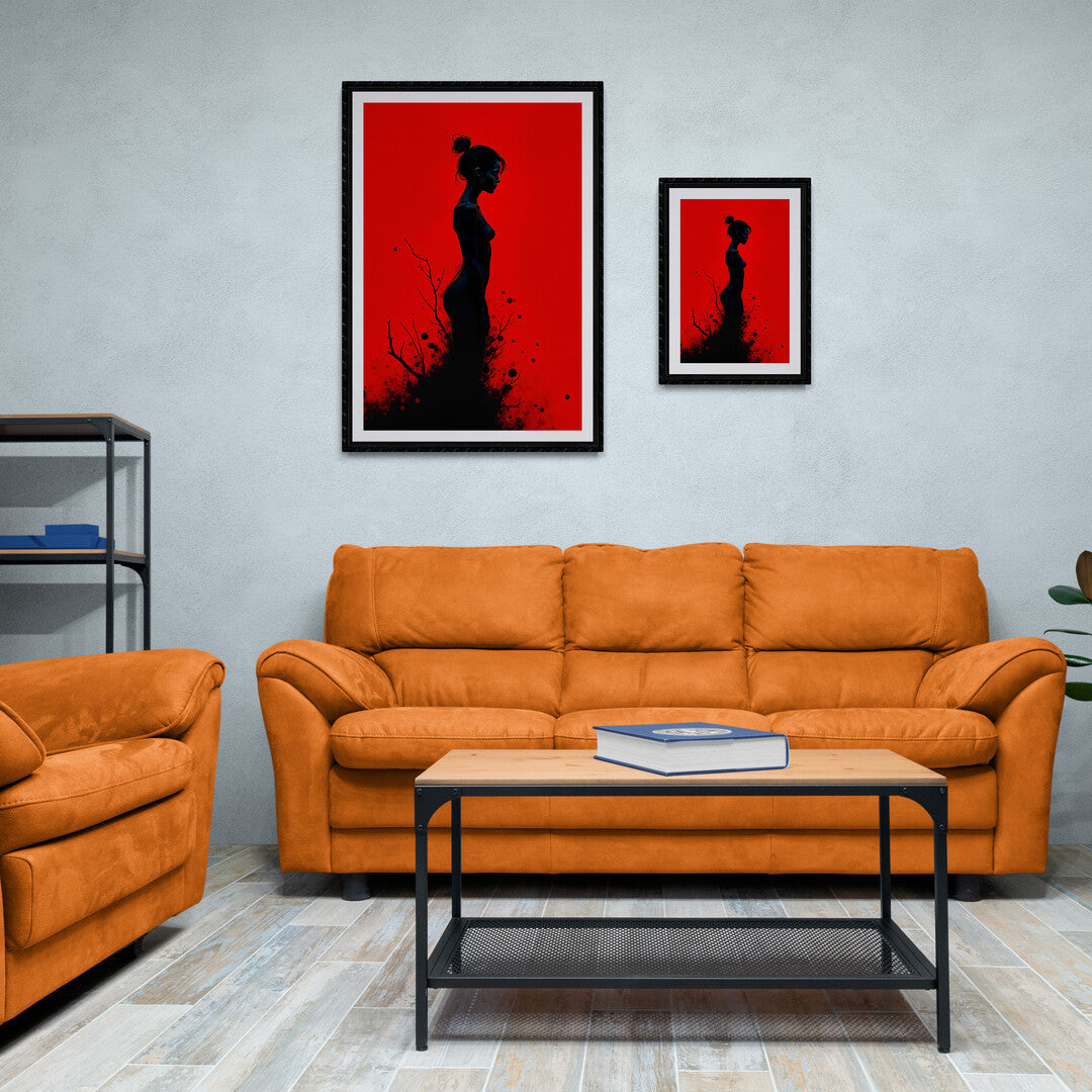 Bold wall art design showcasing a dramatic black silhouette and red contrast, available as art prints for home decor and online shopping