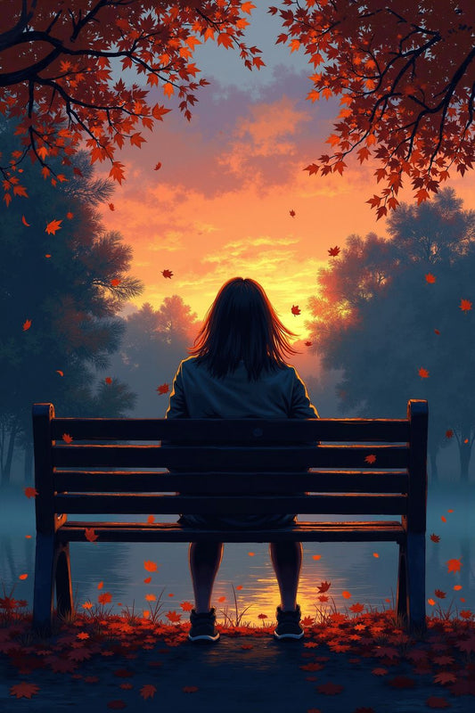 The picture captures a serene scene at twilight, where a solitary figure is sitting on a park bench. The soft, fading light of the evening casts a gentle glow over the surroundings, with the sky transitioning from deep blue to shades of purple and orange. The person, perhaps wrapped in a coat or sweater, sits quietly, possibly lost in thought, facing a peaceful, natural setting like a pond, trees, or an open field.