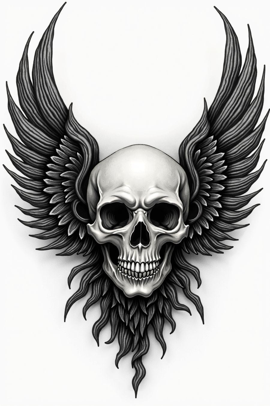 The image depicts a highly stylized skull with large, dramatic wings extending from both sides, creating a striking and intense visual. The skull is rendered in black and white with meticulous shading, giving it a three-dimensional, almost metallic appearance. The expression of the skull is fierce, with deep, hollow eye sockets and a wide grin that showcases its detailed teeth. The overall design of the skull is symmetrical, emphasizing its haunting yet artistic look.