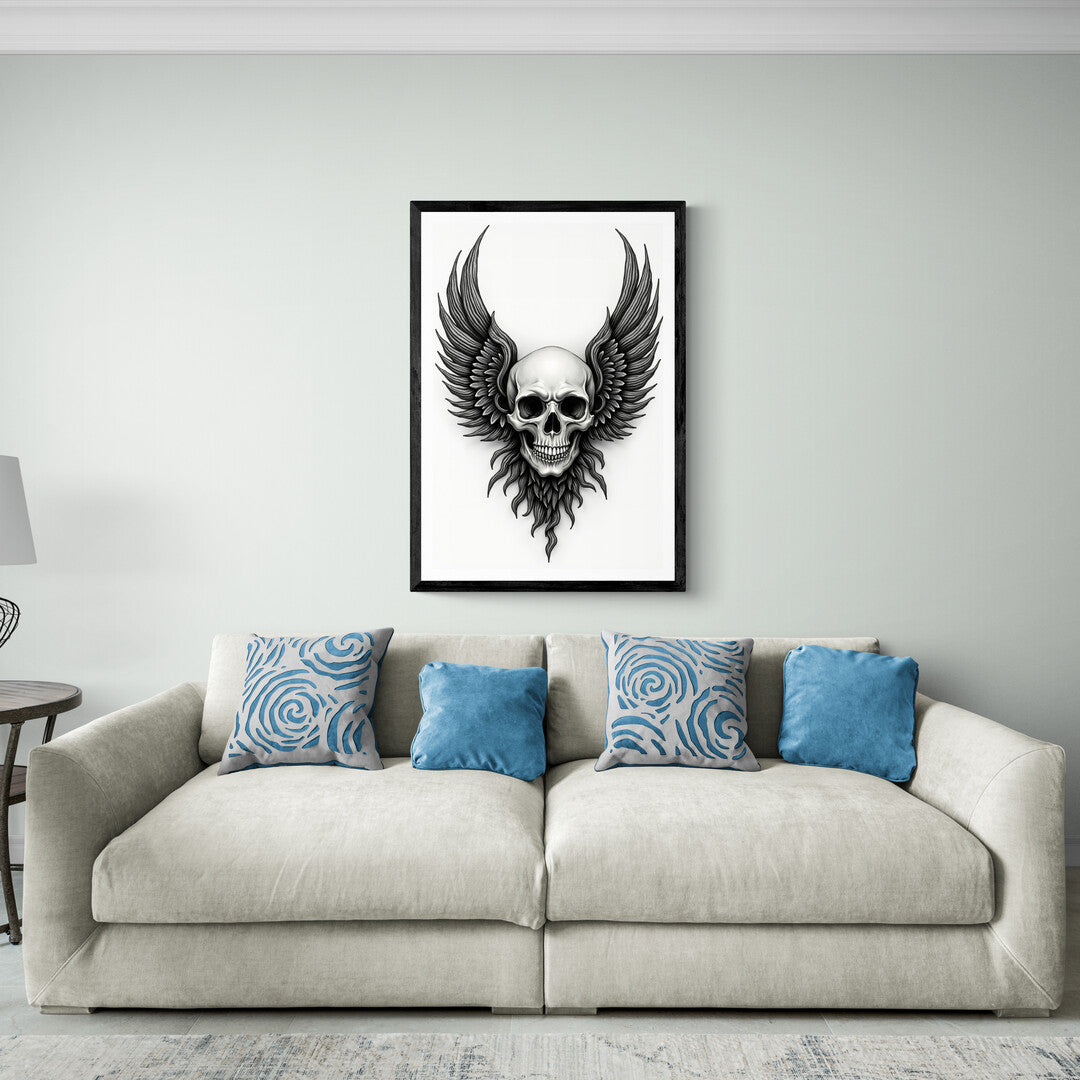 The image depicts a highly stylized skull with large, dramatic wings extending from both sides, creating a striking and intense visual. The skull is rendered in black and white with meticulous shading, giving it a three-dimensional, almost metallic appearance. The expression of the skull is fierce, with deep, hollow eye sockets and a wide grin that showcases its detailed teeth. The overall design of the skull is symmetrical, emphasizing its haunting yet artistic look.