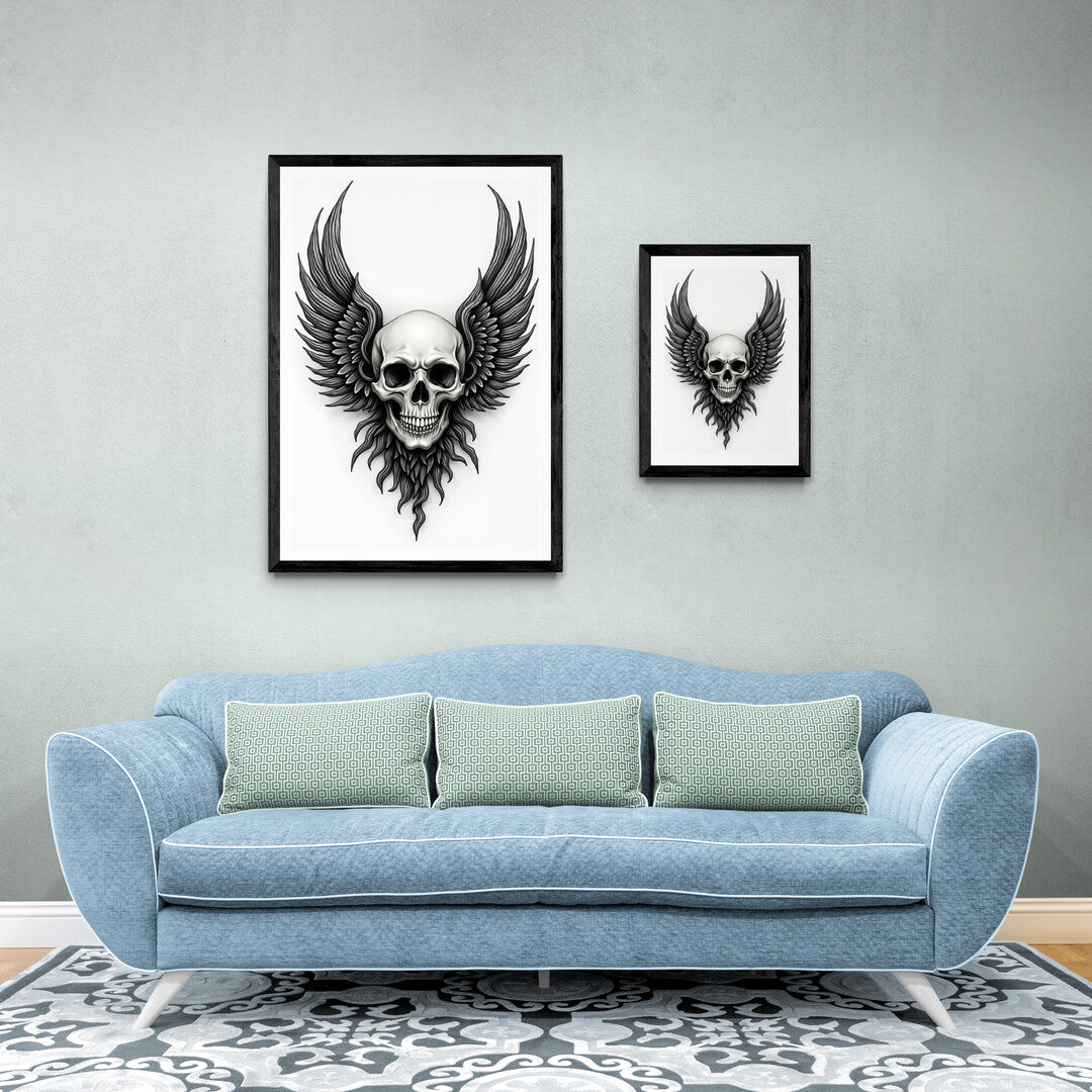 The image depicts a highly stylized skull with large, dramatic wings extending from both sides, creating a striking and intense visual. The skull is rendered in black and white with meticulous shading, giving it a three-dimensional, almost metallic appearance. The expression of the skull is fierce, with deep, hollow eye sockets and a wide grin that showcases its detailed teeth. The overall design of the skull is symmetrical, emphasizing its haunting yet artistic look.