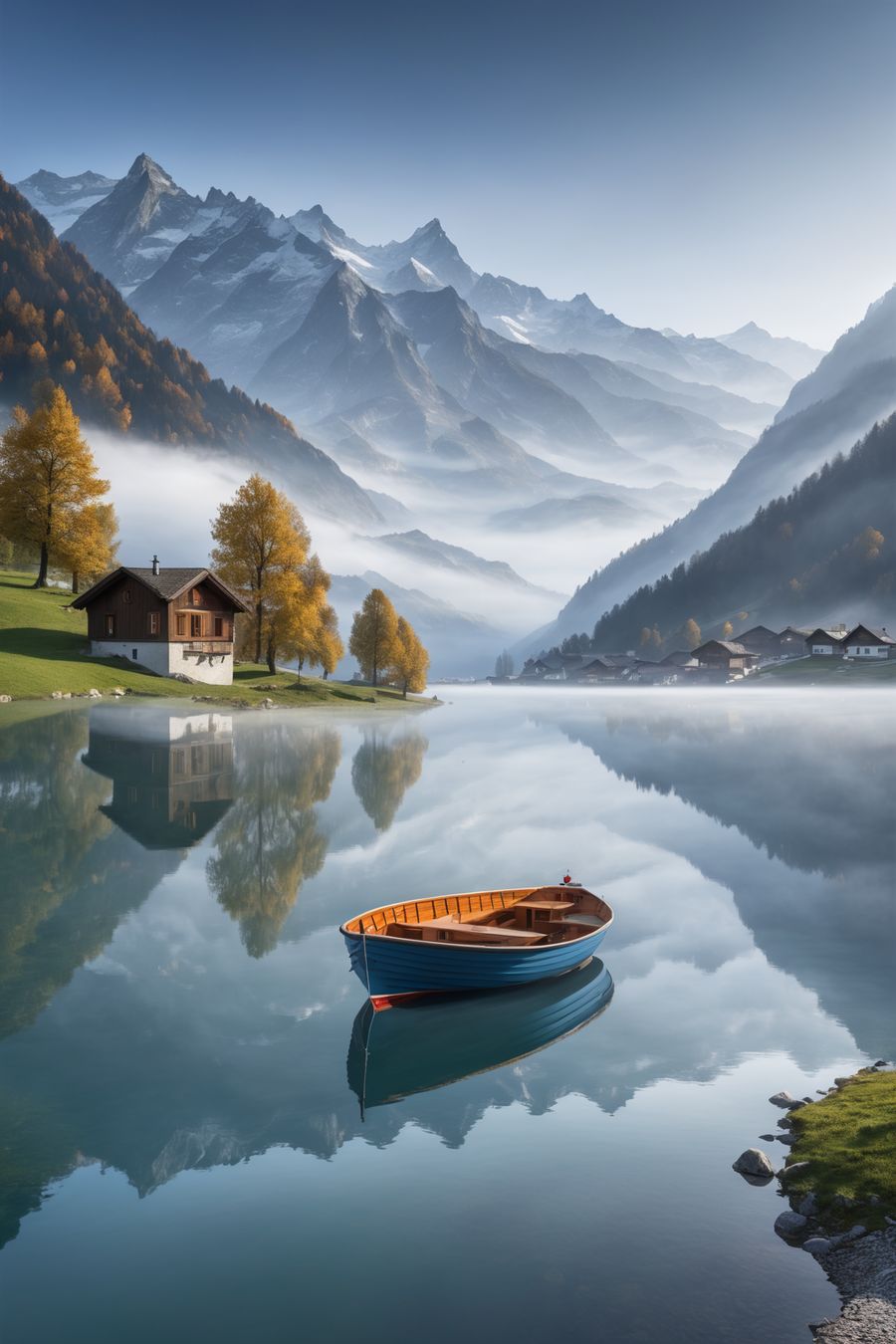 In a serene and picturesque composition, the picture features a small boat gently floating on a tranquil lake set against the stunning backdrop of the Swiss Alps. The scene exudes a sense of peace and natural beauty, capturing the majestic essence of the alpine landscape.