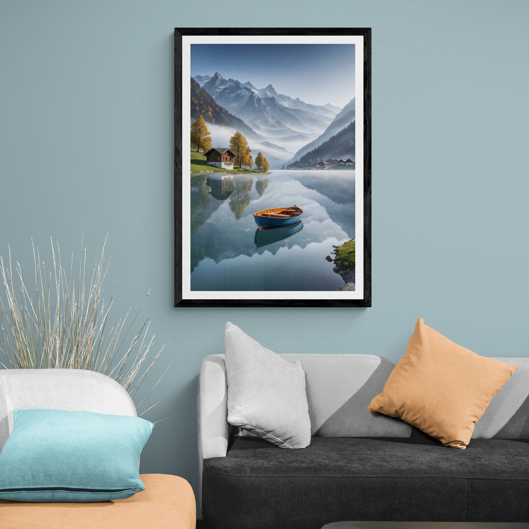 In a serene and picturesque composition, the picture features a small boat gently floating on a tranquil lake set against the stunning backdrop of the Swiss Alps. The scene exudes a sense of peace and natural beauty, capturing the majestic essence of the alpine landscape.