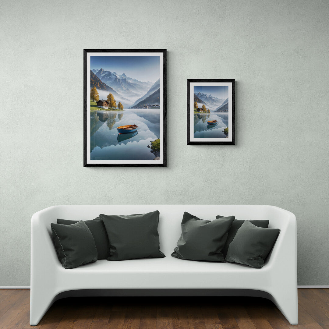 In a serene and picturesque composition, the picture features a small boat gently floating on a tranquil lake set against the stunning backdrop of the Swiss Alps. The scene exudes a sense of peace and natural beauty, capturing the majestic essence of the alpine landscape.