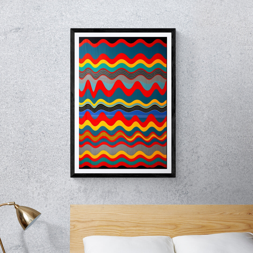 In a vibrant and dynamic composition, the picture features sound waves rendered in a pop art style. The artwork captures the essence of music and sound through bold colors, graphic shapes, and a sense of movement.