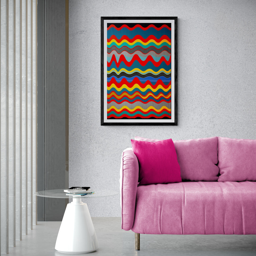 In a vibrant and dynamic composition, the picture features sound waves rendered in a pop art style. The artwork captures the essence of music and sound through bold colors, graphic shapes, and a sense of movement.