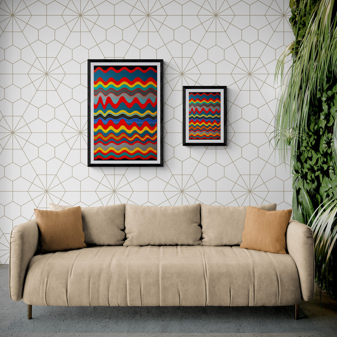 In a vibrant and dynamic composition, the picture features sound waves rendered in a pop art style. The artwork captures the essence of music and sound through bold colors, graphic shapes, and a sense of movement.