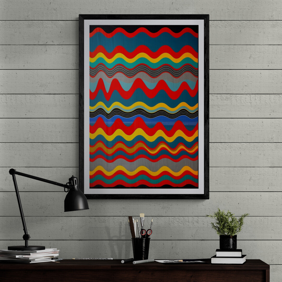 In a vibrant and dynamic composition, the picture features sound waves rendered in a pop art style. The artwork captures the essence of music and sound through bold colors, graphic shapes, and a sense of movement.