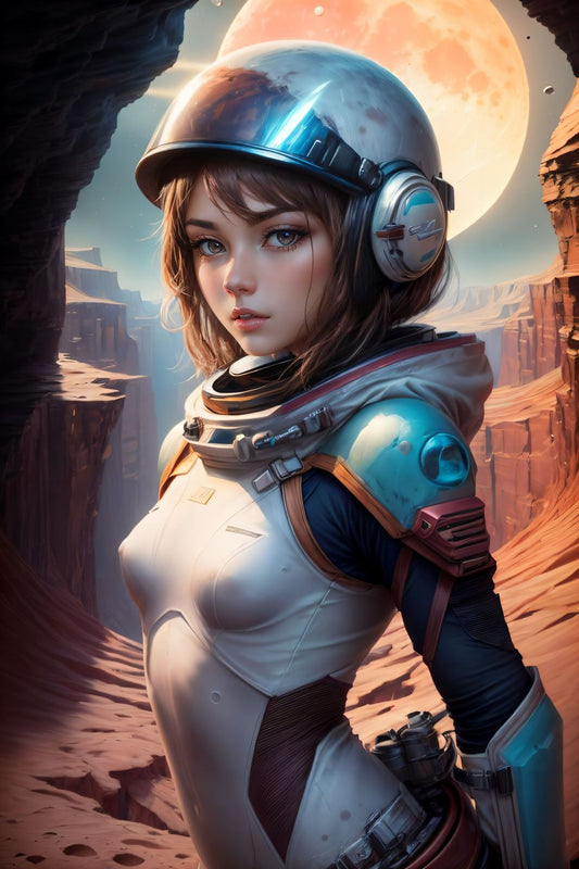 In this captivating wall art, we are transported to the expanse of outer space, where a space girl stands as a lone explorer in the shadow of a cratered moon. 