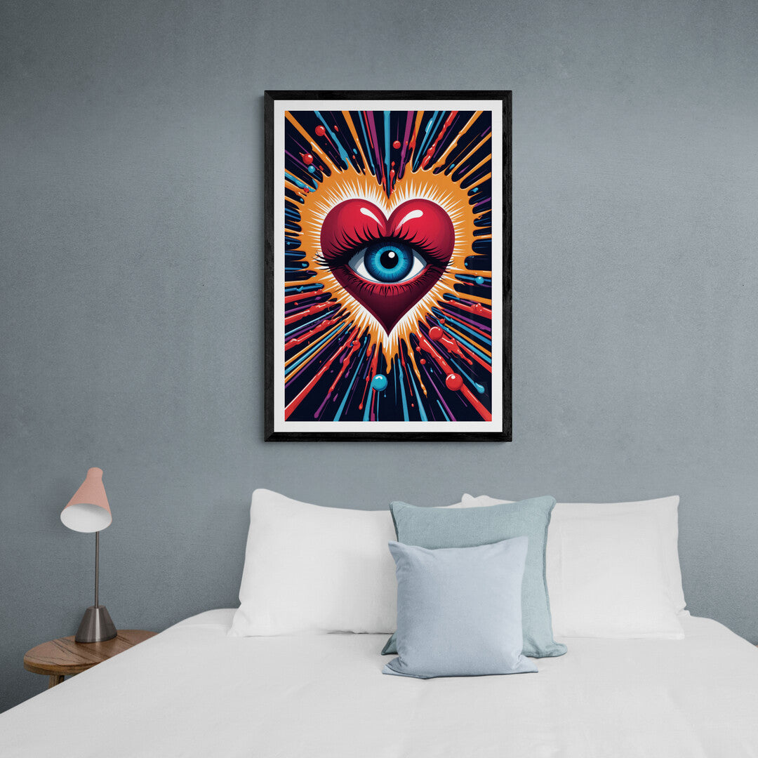 In a striking and surreal composition, the picture features a spasmodically moving eye embedded within a heart. The artwork combines elements of both anatomical precision and abstract expressionism, creating a visually arresting and thought-provoking image.