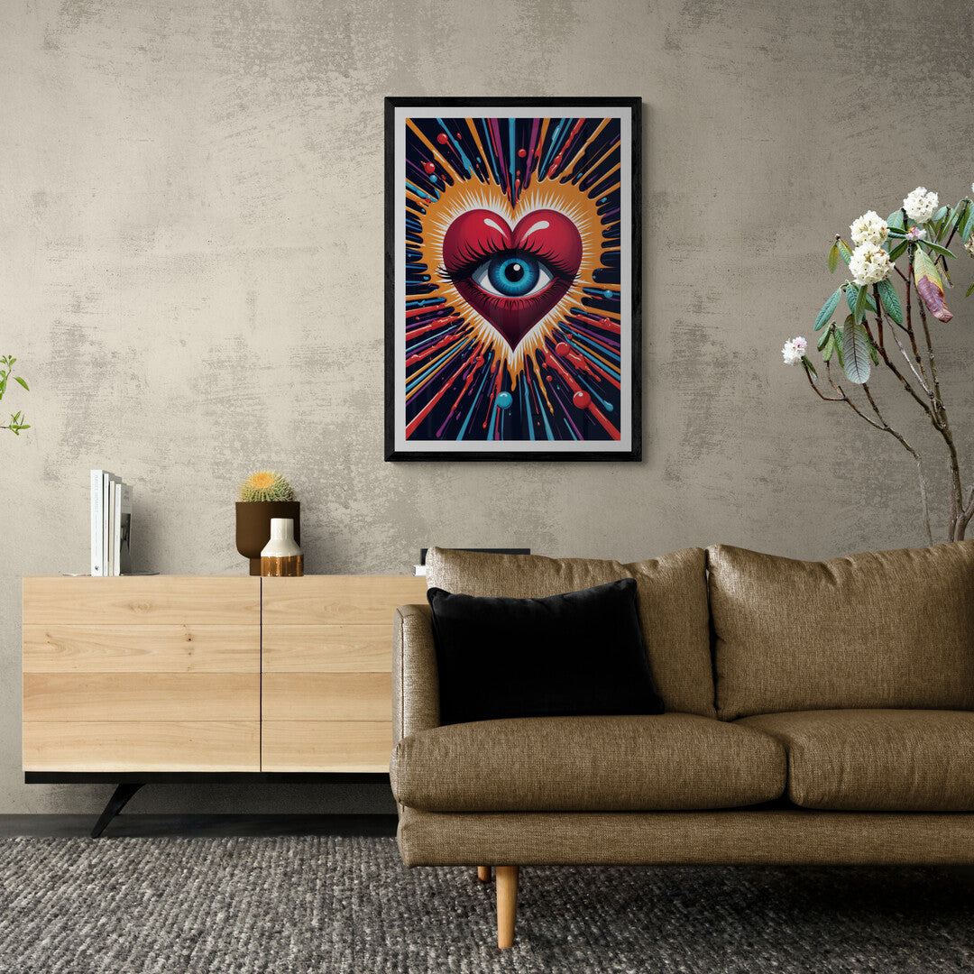 In a striking and surreal composition, the picture features a spasmodically moving eye embedded within a heart. The artwork combines elements of both anatomical precision and abstract expressionism, creating a visually arresting and thought-provoking image.